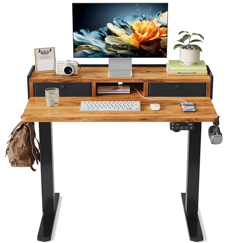 YIHAYO Electric Standing Desk with Drawers, 40 x 24 Inches Adjustable Desk with Storage Shelf, Stand Up Desk with Splice Board, Computer Table for Home Office, Black Frame/Rustic Brown Top - color: Black Frame/Rustic Brown Top, size: 40*24 Inch