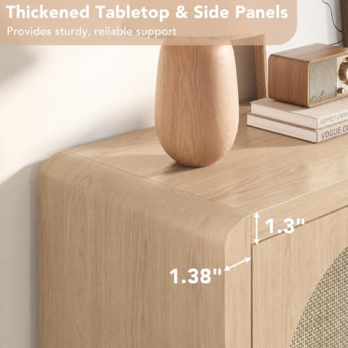 Rattan Sideboard Buffet Cabinet with Storage, 55" Accent Cabinet with Arch Doors & Adjustable Shelves, Boho Credenza Coffee Bar Console Table for Dining Room, Living Room, Entryway, Kitchen