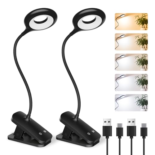 CUHIOY 2Pack Rechargeable Clip on Reading Light for Bed Headboard, Black | 5 Colors 5 Brightness Bed Light, Battery Flexible Neck Desk Lamp with Strong Clamp, Flicker-Free Night Light, Kids Bunk Bed - style: 2Pack Black