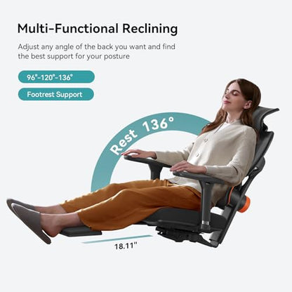Newtral Mesh Ergonomic Office Chair, Auto-Following Adaptive Lumbar Support, 4D Soft Armrest & 2D Rotatable Headrest, 96°-136°Lockable Recline Swivel Desk Chair, Home Office Gaming ChairGaming Chair - color: Black, size: with Footrest