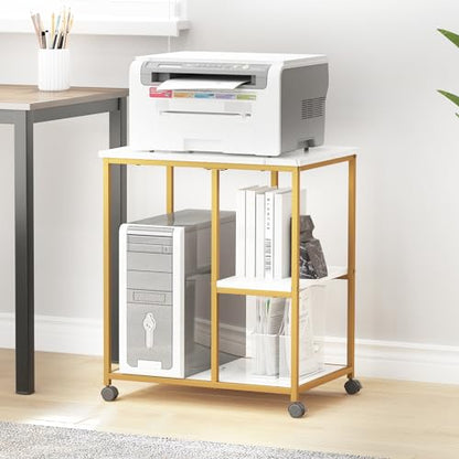 DlandHome Printer Stand with Locking Wheels, 3-Tier Shelf Printer Cart for Home Office Storage and Organization, Rolling Kitchen Utility Storage Cart, White & Golden
