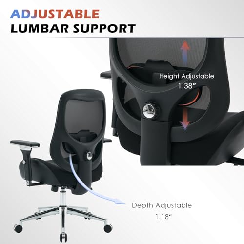 BOSMILLER 700lbs Big and Tall Office Chair with Wide Thick Seat Cushion for Sitting All Day,Ergonomic Mesh Desk Chair with Adjustable Lumbar Support for Heavy People,4D Armrests - color: Black