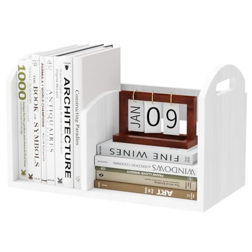 100% Solid Wood Adjustable Desktop Bookshelf, Retro Tabletop Book Shelf File Holder, Vertical Bookshelf Divider Desk Shelf for Home School Office Organization, Perfect for Books Magazine (White) - color: White