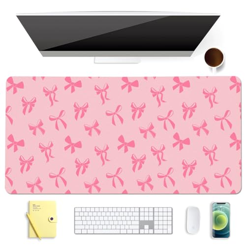 Cute Kawaii Pink Bow Extended Gaming Keyboard Mouse Pad | Non-slip Leather Home Office Desk Mat Protector - color: Pink Bow/Pink, size: L(31.5×15.7 inch)