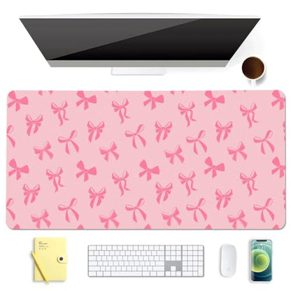 Cute Kawaii Pink Bow Extended Gaming Keyboard Mouse Pad | Non-slip Leather Home Office Desk Mat Protector - color: Pink Bow/Pink, size: L(31.5×15.7 inch)