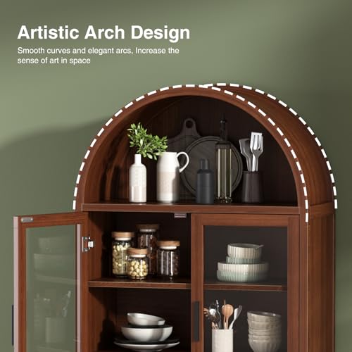 Arched Cabinet with Glass Doors, Fluted Pantry Cabinet with Solid Wood Legs - color: Walnut, size: Tall Arched - 15.7"D x 31.1"W x 70.8"H