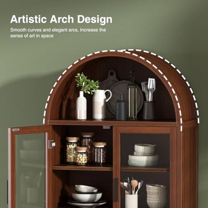 Arched Cabinet with Glass Doors, Fluted Pantry Cabinet with Solid Wood Legs - color: Walnut, size: Tall Arched - 15.7"D x 31.1"W x 70.8"H