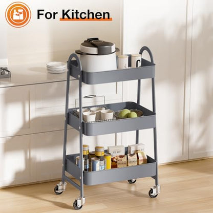 NEWBULIG 3-Tier Metal Rolling Storage Utility Cart with Lockable Wheels - color: Gray, size: 3 Tier