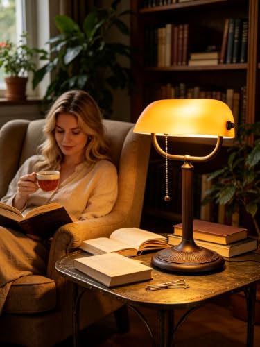 1-Minute Quick-Change Shade Matted Amber Glass Bankers Desk Lamp | Antique Plug in Fixture for Study Office Library,LED Bulb Included - color: Matted Amber