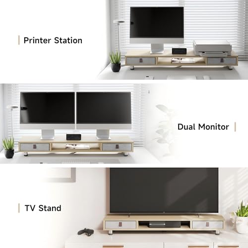 Fenge Dual Monitor Stand, 2-Tier Desk Organizer with Drawers, 42.5in, Oak - color: Oak