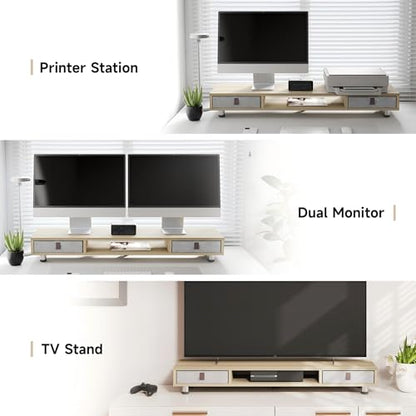 Fenge Dual Monitor Stand, 2-Tier Desk Organizer with Drawers, 42.5in, Oak - color: Oak