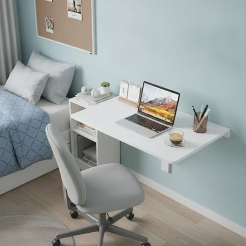 Tangkula 31.5" Wall Mounted Folding Desk, Drop-Leaf Floating Desk with Spacious Surface, Space-Saving Foldable Wall Table for Study, Bedroom, Laundry, Balcony & Small Spaces - color: White