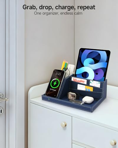 Desk Organizer with Charging Station, Nightstand Organizer Phone Docking Station, Men Gift Husband Wife Anniversary Dad Birthday Nightstand Purse Father Graduation Male Travel Idea Gadgets - color: Blue