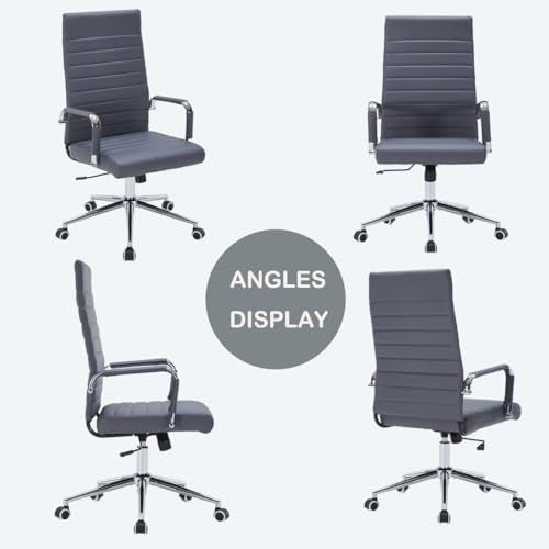 Grey Leather Ribbed Office High-Back Desk Conference Chairs with Wheels | Ergonomic High-Back Executive Chairs with Wheels Adjustable Swivel Computer Task Desk Chair with Arms and Thick Padded Seat - color: Grey, size: High Back
