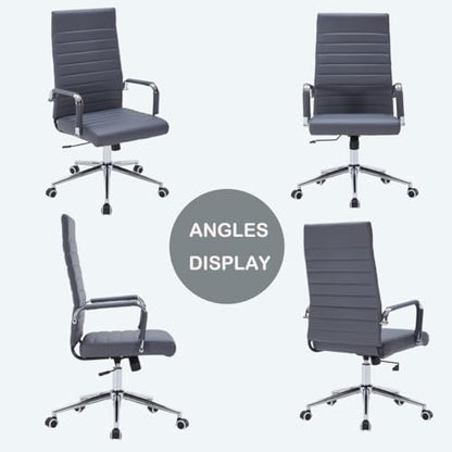 Grey Leather Ribbed Office High-Back Desk Conference Chairs with Wheels | Ergonomic High-Back Executive Chairs with Wheels Adjustable Swivel Computer Task Desk Chair with Arms and Thick Padded Seat - color: Grey, size: High Back