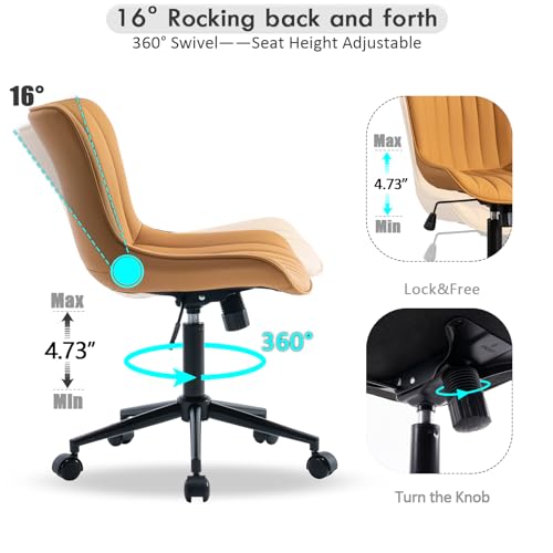 YOUNIKE Office Desk Chair with Wheels Armless Vanity Chair Modern Tan | Faux Leather Upholstered with Rocking Back, Swivel Height Adjustable Small Cute Computer Rolling Task Chair Ergonomic 300lb - color: Tan, size: Base Black