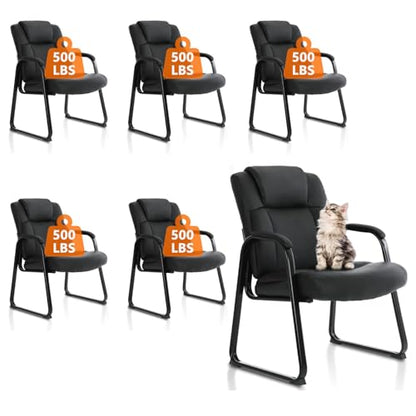CLATINA Big and Tall Office Chair Set of 6 500lbs Leather Reception Chair with Bonded Padded Armrest Wide Seat Sled Base Desk Chair No Wheels for Reception Conference Waiting Room Side Office, Black - color: Black Sled Base, size: 6 Pack