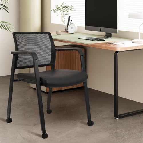 CLATINA Stacking Office Chair with Wheels, Mesh Back Waiting Room Guest Chairs with Arms Comfortable Leather Cushion Stackable Desk Chair for Conference Reception School, Black, 8 PK