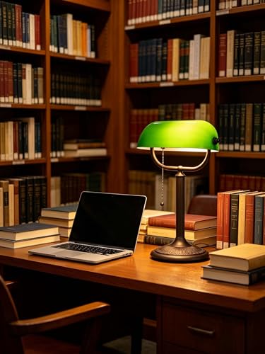 1-Minute Quick-Change Shade Antique Green Glass Bankers Desk Lamp | Study Office Library,LED Bulb Included - color: Green-AG