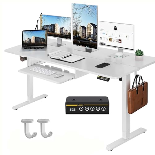 55 x 24 Inch Electric Standing Desk with Keyboard Tray, White | 3-Year Free Motor Replacement, 28.3-46.5 in Height, 3 Presets, 45 dB or Less, 154 lb Capacity, Keyboard Tray - color: White, size: 55X24
