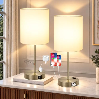 Lynnoland Set of 2 Touch Control Table Lamps with 2 USB & AC Outlet, 3-Way Dimmable Bedside Nightstand Lamps for Bedroom Living Room Nursery, 800 Lumens 3000K Warmlight Bulbs Included - color: White & Brass (Base) - 3000K