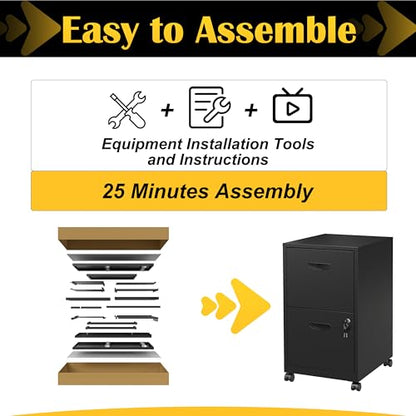 SteeLoong 2 Drawer File Cabinet,Metal Mobile File Cabinet with Lock Black | Filing Cabinet with Wheel,Vertical File Cabinet for Home Office,Under Desk Rolling File Cabinets for Hanging Letter/A4 - color: Black, style: 2 Drawer on Wheels
