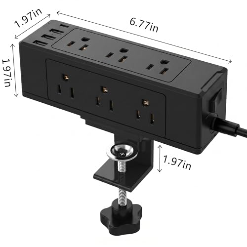 Desk Clamp Power Strip, Desktop Mount Charging Station with 9 Outlets 4 Smart USB Ports, 6.5Ft Under Desk Power Strip, Fits 1.6" Tabletop Edge, Extension Cord for Home Office, Black