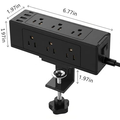 Desk Clamp Power Strip, Desktop Mount Charging Station with 9 Outlets 4 Smart USB Ports, 6.5Ft Under Desk Power Strip, Fits 1.6" Tabletop Edge, Extension Cord for Home Office, Black