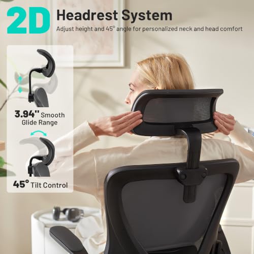 AreShark Office Chair - Ergonomic Desk Chair Breathable Mesh Chair with 2D Headrest & Adjustable Lumbar Support - Executive High Back Rolling Swivel Computer Gaming Chair with Wheels Flip-up Armrests - color: Dark Gray/Black