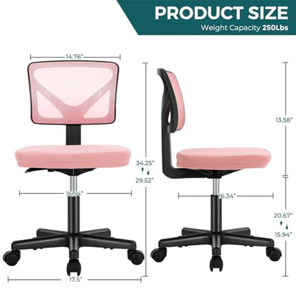 DUMOS Armless Desk Chairs, Small Home Office Mesh Chairs | Ergonomic Adjustable Mid Back, Swivel Rolling Task, Computer Work Vanity Small Spaces, Pink - color: Hot Pink, size: 1pc