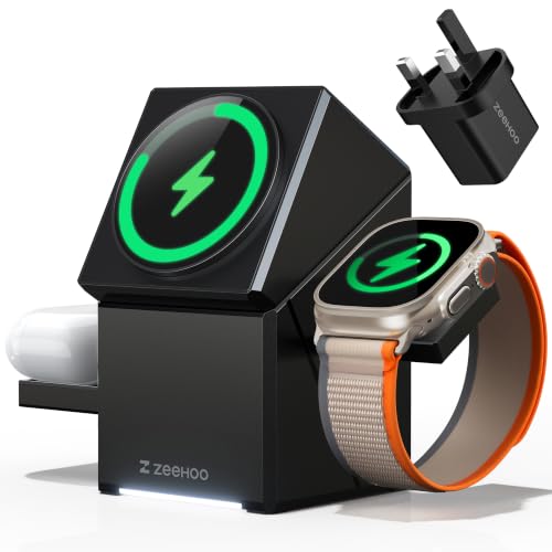 ZEEHOO 3 in 1 Charging Station, iPhone Charging Station for Apple MagSafe Charger, 15W Fast Wireless Charger, for Apple Watch, for iPhone 17,16 15,14,13,12 Series, AirPods (Black) - color: Black