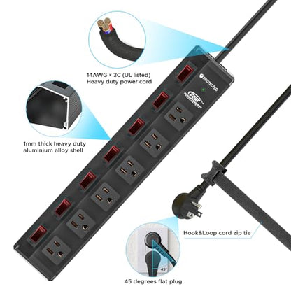 CRST 6-Outlet Metal Power Strip with Individual Switches, 15A/1875W, 15FT - color: Black, size: 15FT