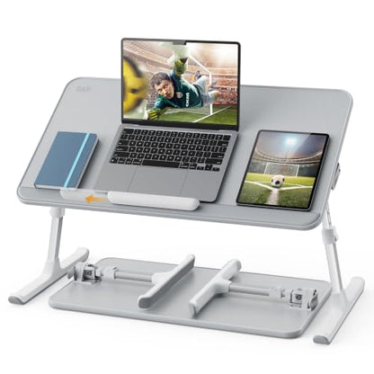 SAIJI Non-Slip Leather Laptop Bed Tray Table,Lap Desk with Laptop Stopper - color: Gray, size: Large