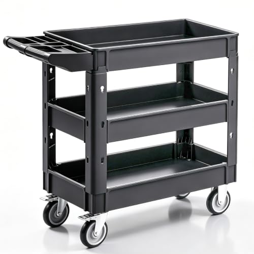 VEVOR Utility Cart, 3-Tier Plastic Service Cart with 550LBS Capacity, 360° Swivel Casters (Including 2 Locking Wheels), Medium Lipped Shelves, Ergonomic Handle, for Garage, Warehouse, Cleaning Tasks