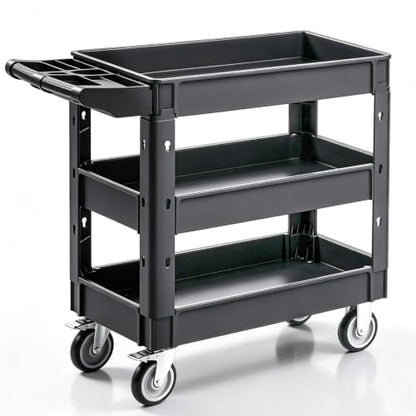 VEVOR Utility Cart, 3-Tier Plastic Service Cart with 550LBS Capacity, 360° Swivel Casters (Including 2 Locking Wheels), Medium Lipped Shelves, Ergonomic Handle, for Garage, Warehouse, Cleaning Tasks