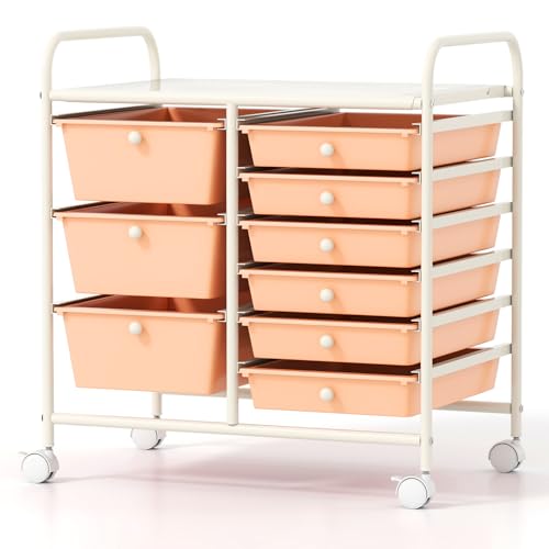 COSTWAY Rolling Storage Cart with 9 Drawer, Utility Cart with Metal Frame | Mobile Art Supply Craft Organizer, Multipurpose Storage Organizer for Paper, Office, School Teacher, Classroom, Peach - color: Peach, size: 9 Drawer
