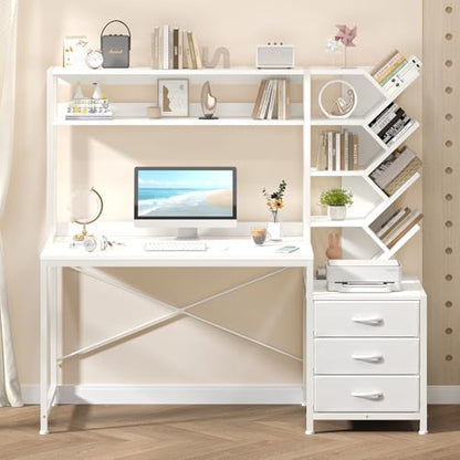 YOMILUVE 52" Computer Desk with Bookshelf, 3 Drawers ＆ Hutch for Bedroom | White Office Desk with Printer Shelf, Study Writing Desk with Storage Shelves - color: White