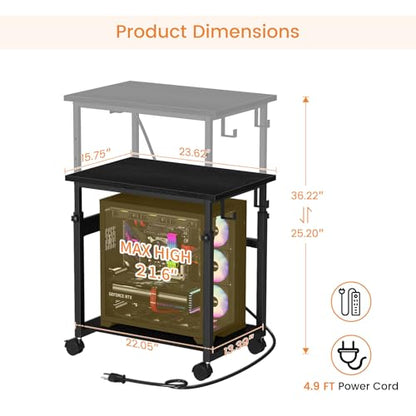 Snughome Extra-Large Computer Tower Stand with Charging Station, Adjustable PC Tower Stand for Floor 25.2"-36.2", Mobile Rolling CPU Holder Cart with Locking Wheels for Gaming Office Home - size: 23.62''L × 15.75''W × 36.22''H