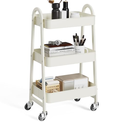 OLIXIS Metal 3 Tiers Rolling Storage Utility Cart with Lockable Wheels - color: White, size: 3-Tiered 17 inches