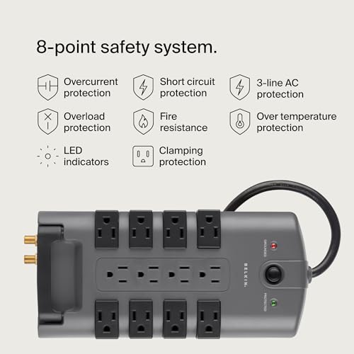 Belkin Surge Protector Power Strip w/ 8 Rotating & 4 Standard Outlets - 8ft Sturdy Extension Cord w/ Flat Pivot Plug for Home, Office, Travel, Desktop & Charging Brick - 4320 Joules of Protection - style: 1 Pack