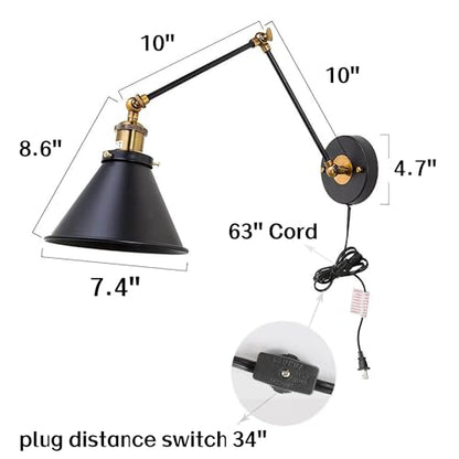 LALUZ Black Wall Sconces Lighting, 2 Pack Modern Industrial Swing Arm Plug in or Hardwired Adjustable Wall Lamp with Antique Brass Finish for Bedroom, Kitchen, and Living Room - size: 12" W Antique Brass