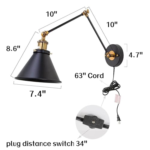 LALUZ Black Wall Sconces Lighting, 2 Pack Modern Industrial Swing Arm Plug in or Hardwired Adjustable Wall Lamp with Antique Brass Finish for Bedroom, Kitchen, and Living Room - size: 12" W Antique Brass