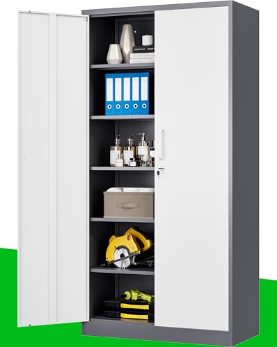 PEUKC Metal Garage Storage Cabinet, 71-inch Tall Cabinet with Adjustable Shelves & Locking Doors, Tool Cabinets for Garage,Office,Home,School,Gym (Grey White) - color: White Grey, size: 71'' Pull Handle