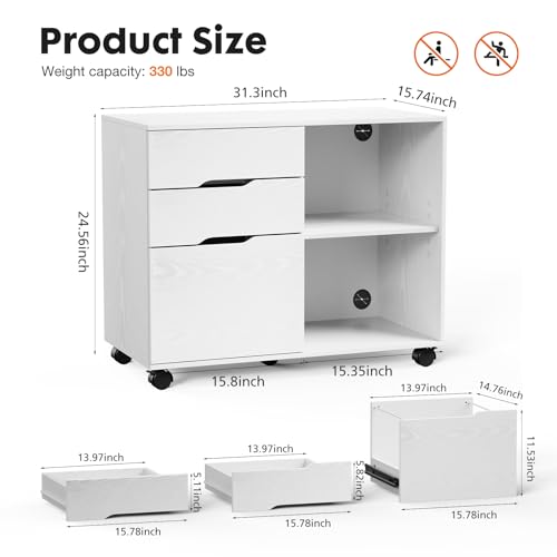 File Cabinet with 3 Drawers, Mobile Lateral Filing Cabinet with Open Storage Shelves for Home Office Under Desk Storage, White - color: White