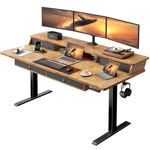 ErGear 63 X 30 Inch Electric Standing Desk with 4 Drawers, Height Adjustable Desk with Storage, C-Clamp Mount Compatible, Home Office Table with Cable Management Tray, Vintage Brown