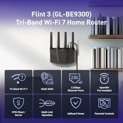 GL.iNet GL-BE9300 Flint 3 Tri-Band Wi-Fi 7 Router 5 x 2.5G VPN Router | Tri-Band Wi-Fi 7 with 6GHz, 9 Gbps wireless speed for smooth 8K streaming, low-latency gaming, and video calls