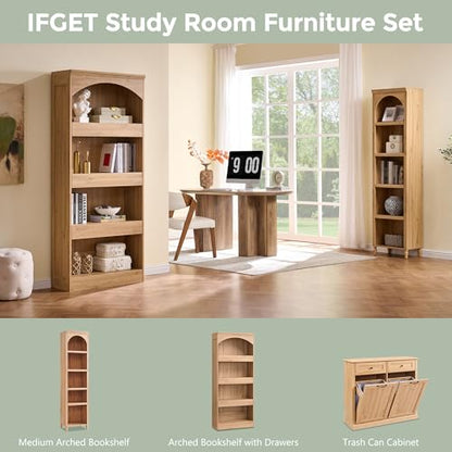 IFGET 76" Tall Arched Bookcase with 1PC Magnetic Lock Drawer, Natural | Modern Wooden Arch Bookshelf w/3 Pull-Out Drawers, Farmhouse 4 Tiers Book Shelf w/Open Shelves for Living Room, Office - color: Natural, size: With Drawers