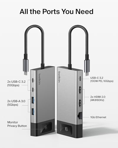 Belkin USB C Hub, 8-in-1 Multi-Port Hub 100W - Dual Display Support for Windows & Chromebook + Mirrored Support for macOS w/Monitor Privacy, Ethernet, Resolutions up to 4K@60Hz - Travel Essentials - style: 8-in-1 Hub