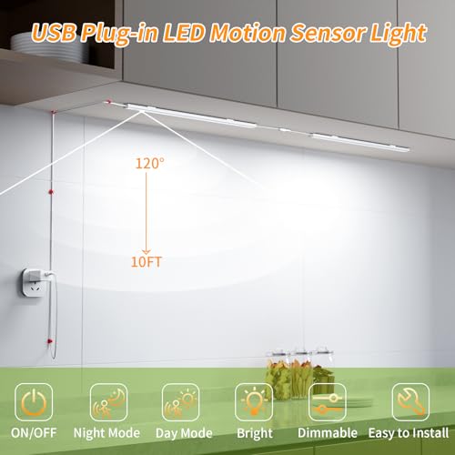 USB Plug-in Motion Sensor Light, ON/Night/Day Modes, Bright&Dimmable | 14" Slim LED Under Cabinet Lighting Indoor for Kitchen, Cabinet, Closet - 6000K Cool White, 2-Bar Linkable - color: Cool White, size: 1 * 2-Bar