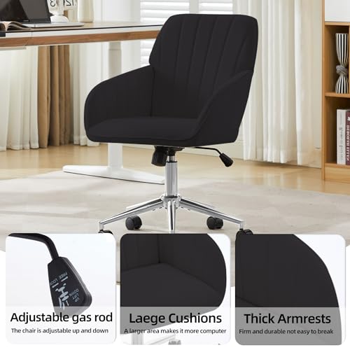 YITAI Velvet Office Desk Chair with Wheels and Silver Base,Modern Height Adjustable 360 Degree Swivel Upholstered Vanity Chairs with Arms for Living Room Bedroom, Study,Black - color: Silver Black
